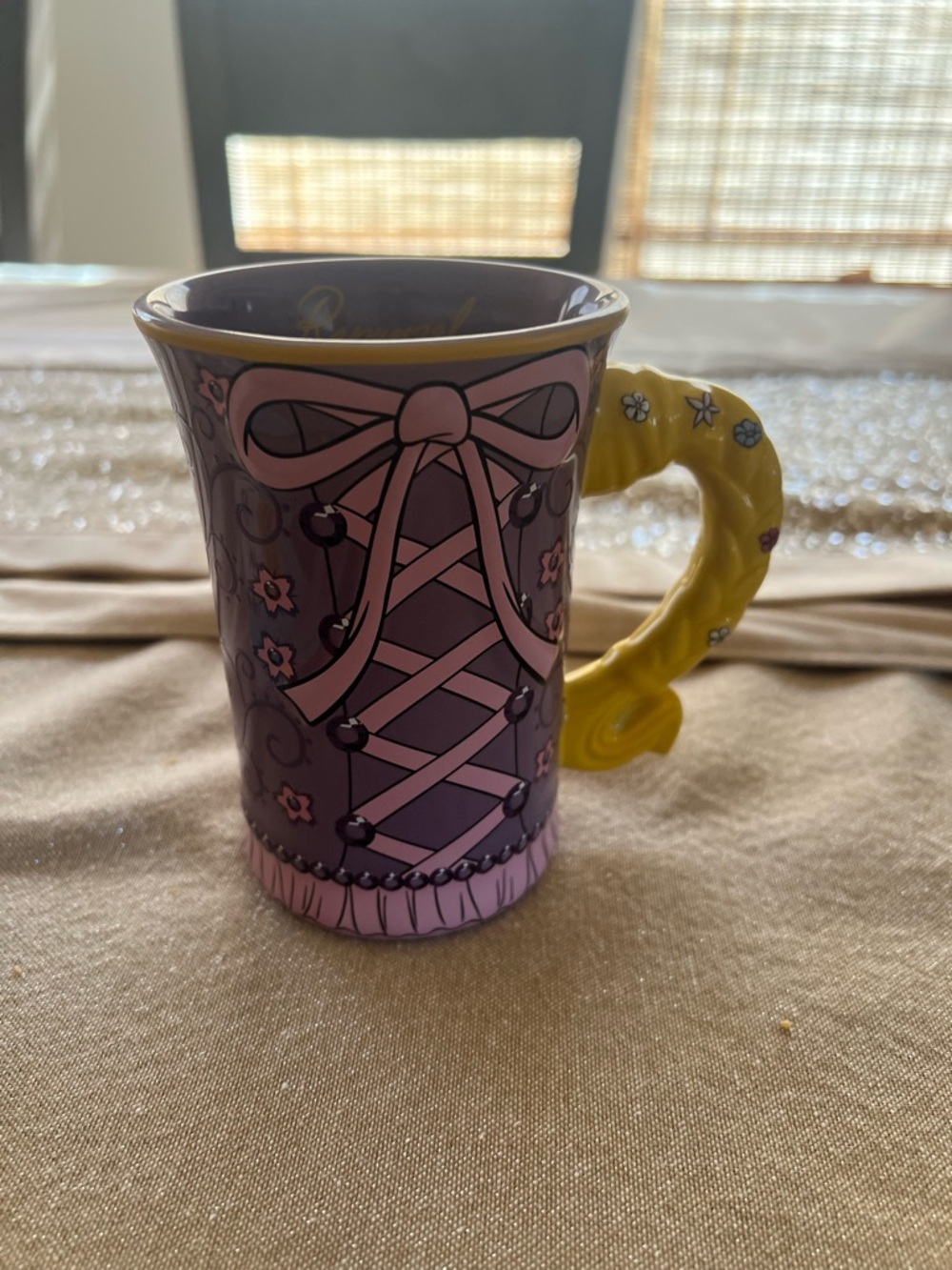Lavender Lace Rapunzel Ceramic Mug with Yellow Decorative Handle